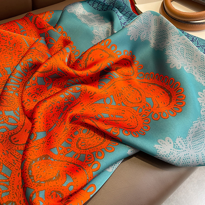 Classic Blue Orange Imitation Silk Scarf 2