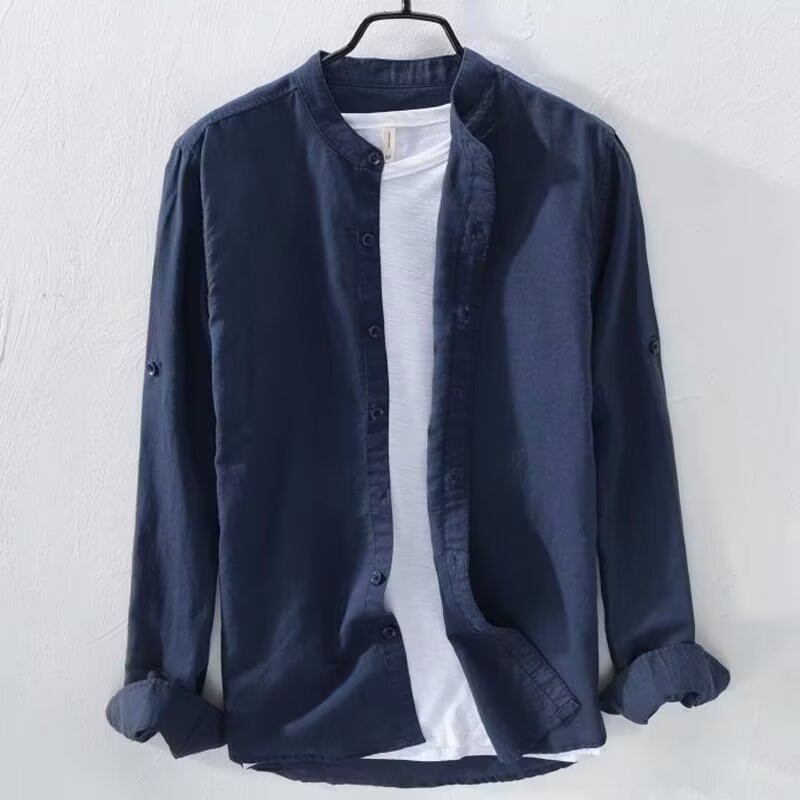 Stand Collar Linen Shirt for Men 2