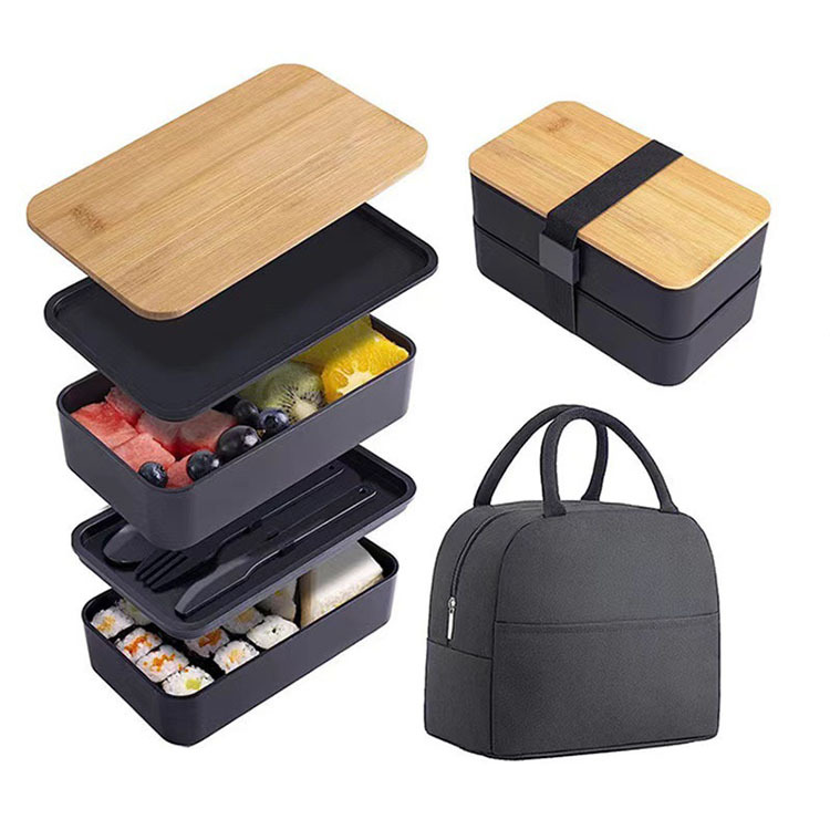 HYRI Bento Box Bamboo Lid Bag 2 Layer