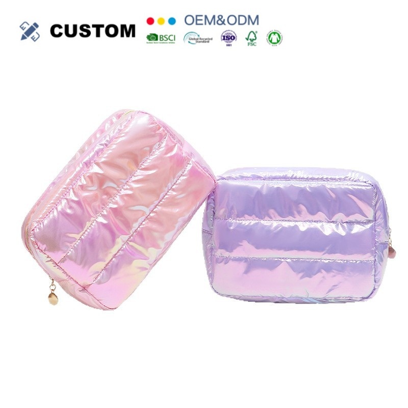 Glossy Quilted Polyester Cosmetic Bag with Handle