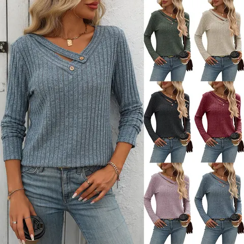 Women's Loose Casual V-neck Button Sunken Stripe T-shirt