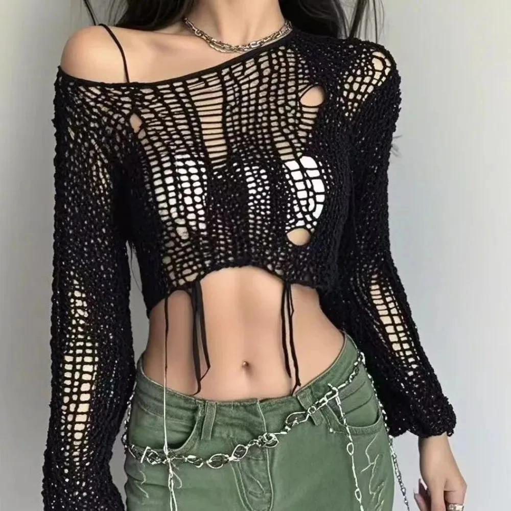 Y2k Abgeschnitten Loch Pullover Sexy Gyaru Aushöhlen Stricken 3