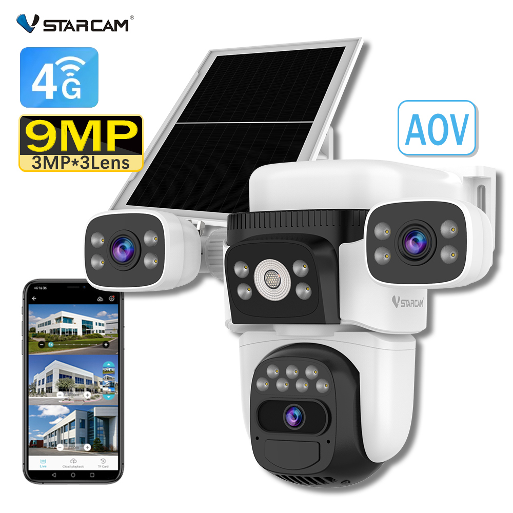 9MP 3Lens Battery Solar Security Camera 360 Degree