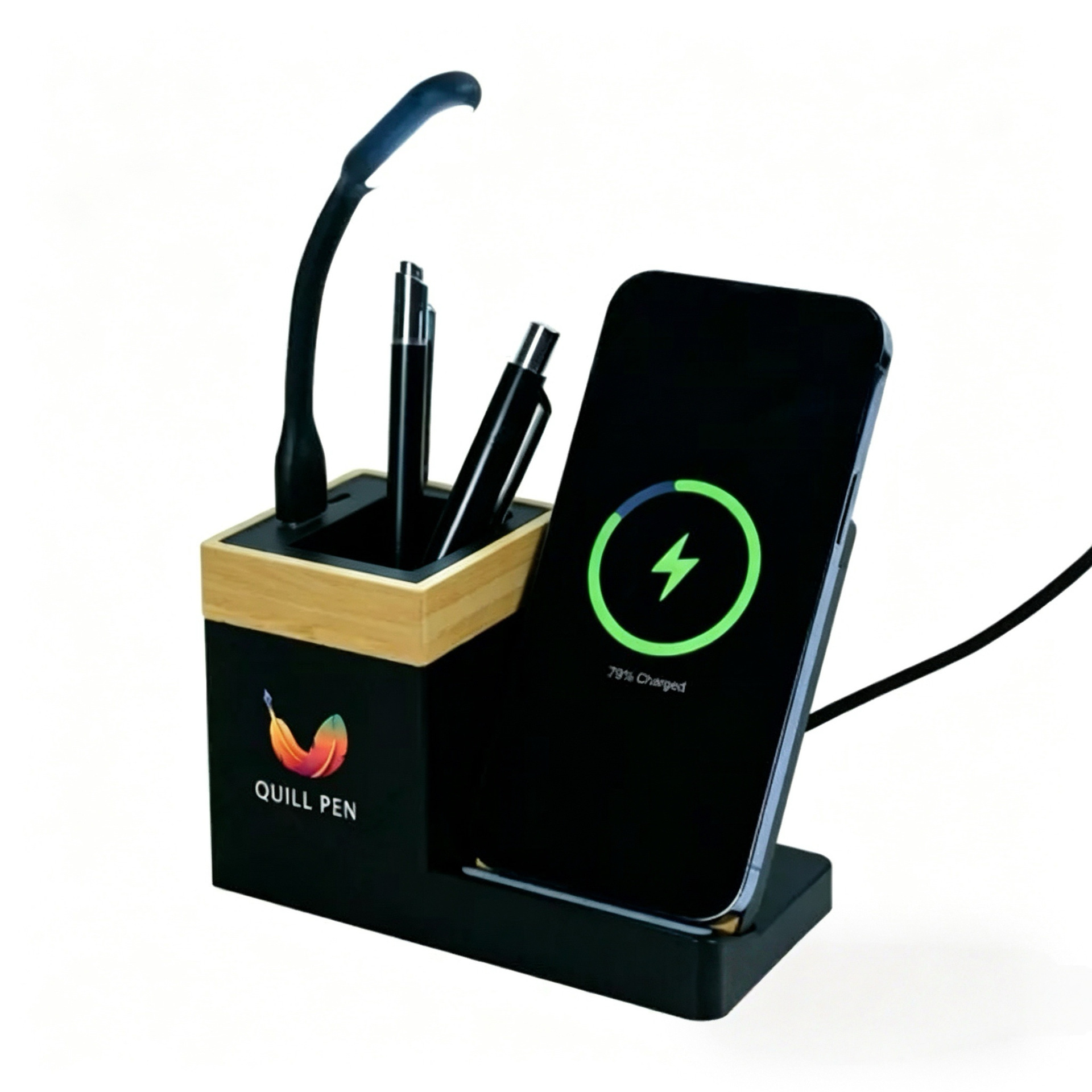 Bamboo Wireless Charging Desk Organizer With Pen Holder 3