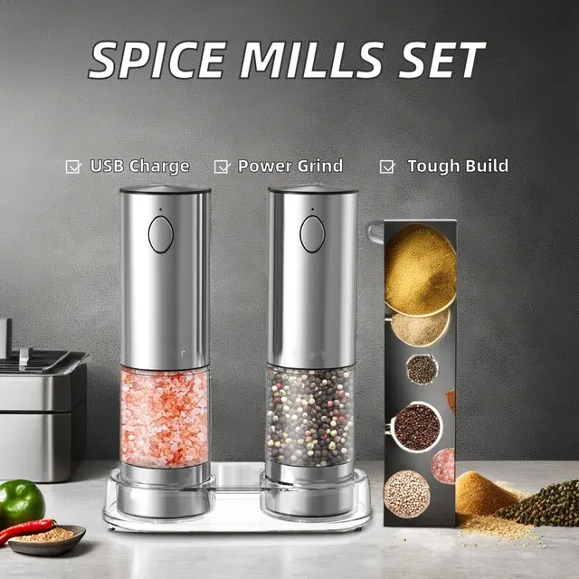 Rechargeable Stainless Steel Salt Pepper Grinder Set 2