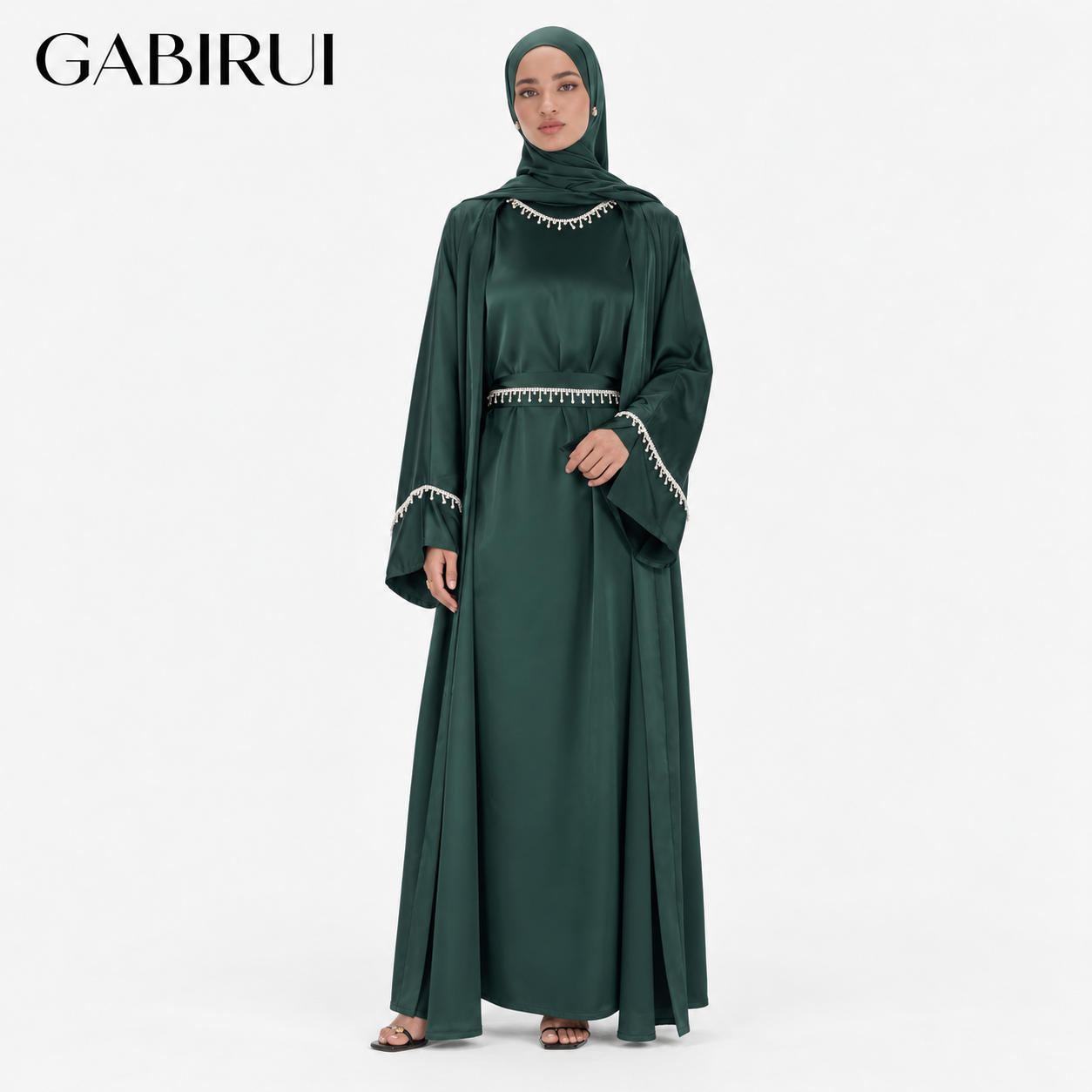 6-Piece Satin Abaya Set with Tassel Belt