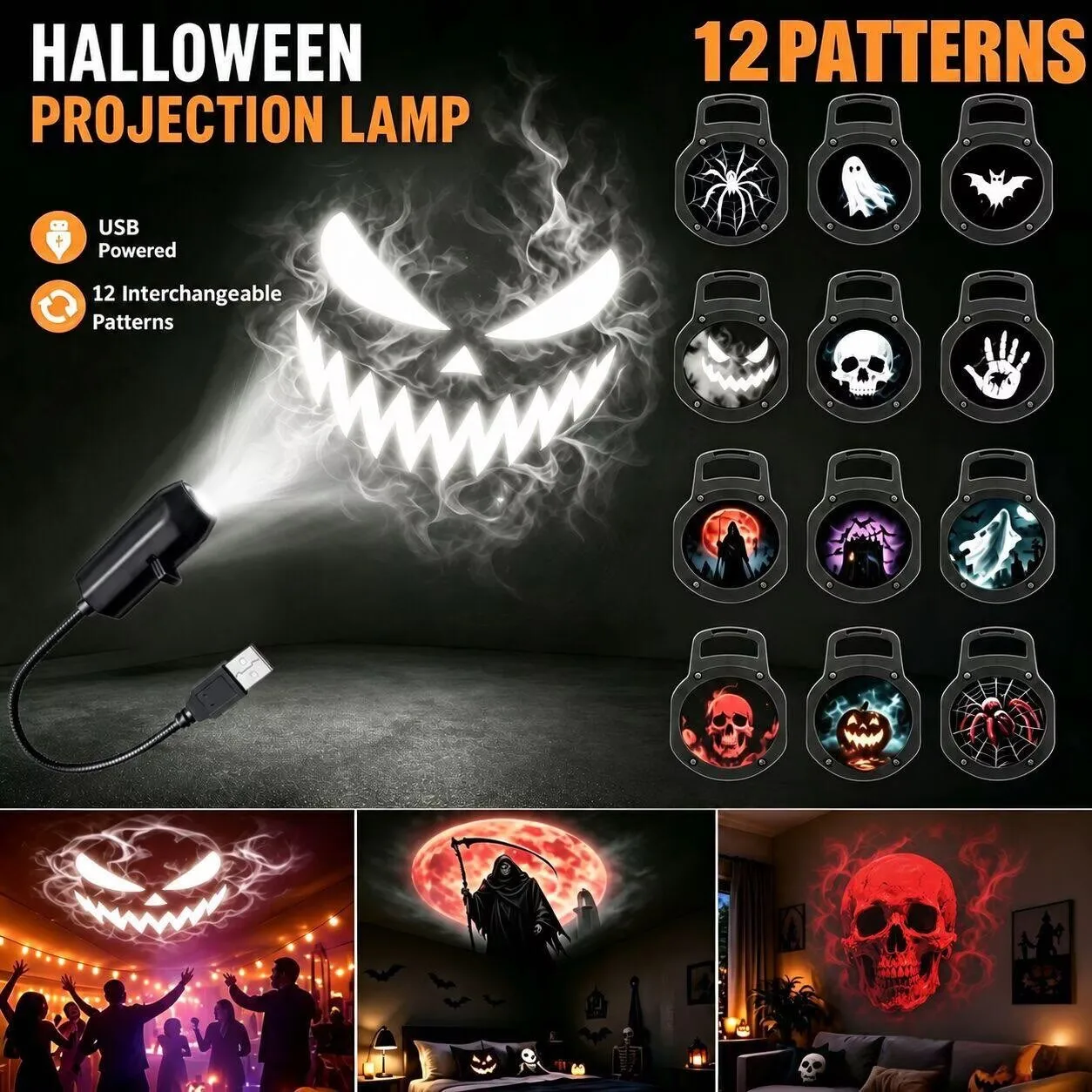 USB Halloween Ghost Skull Projector Light