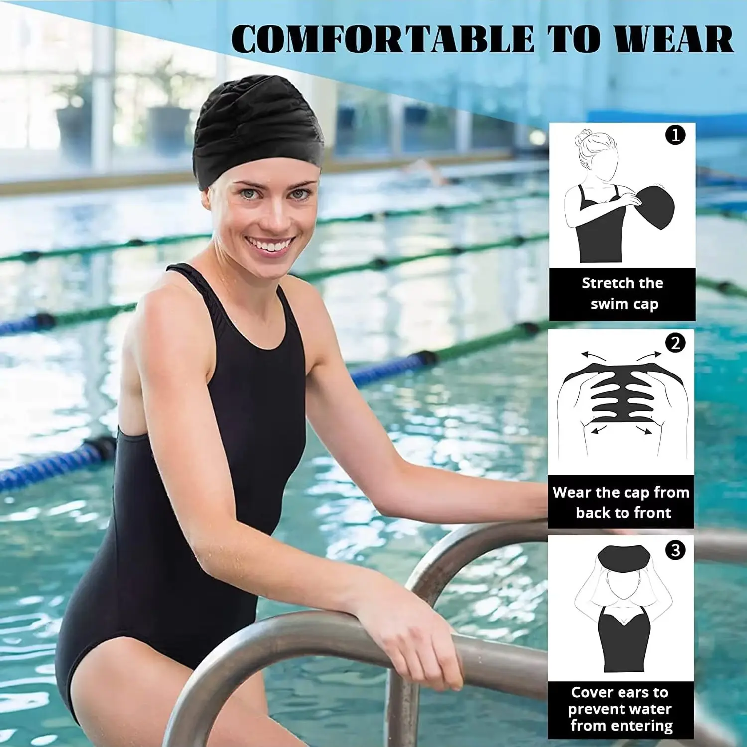 Colorful Pleated Nylon Swim Cap Long Hair 4