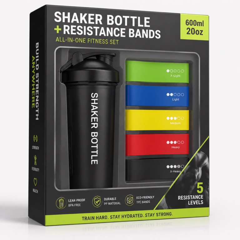 Fitness-Shaker 600 ml mit Widerstandsbändern