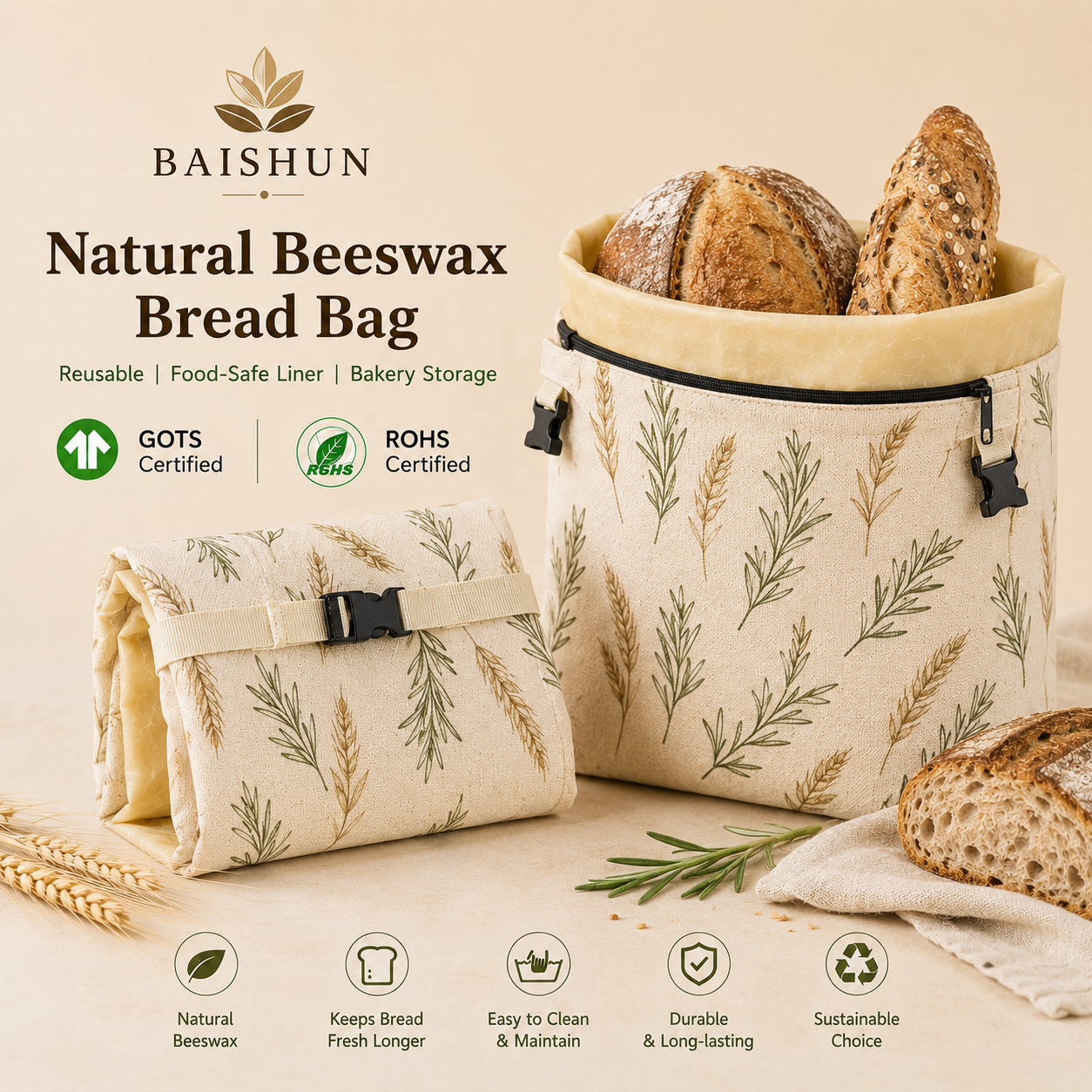 Reusable Double Layer Cotton Beeswax Bread Bag Eco-Friendly