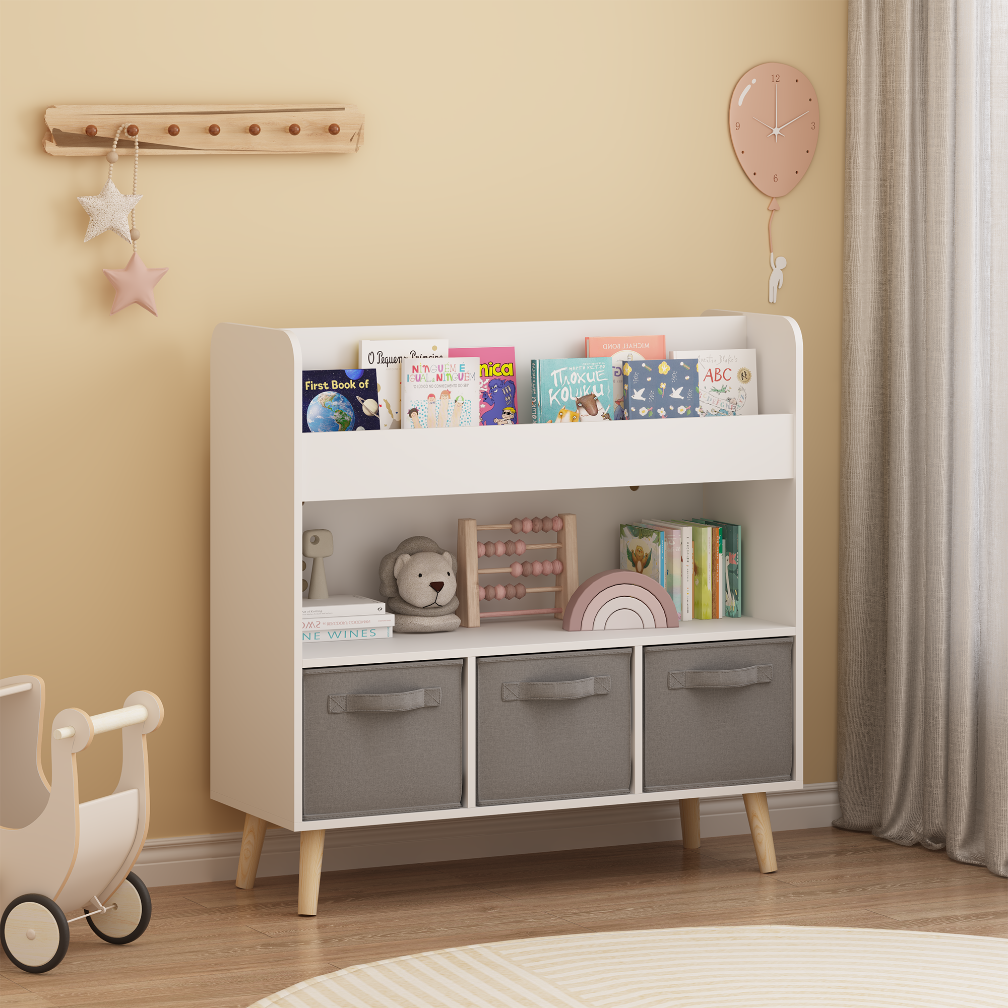 Kids Bookshelf Fabric Bins White Gray