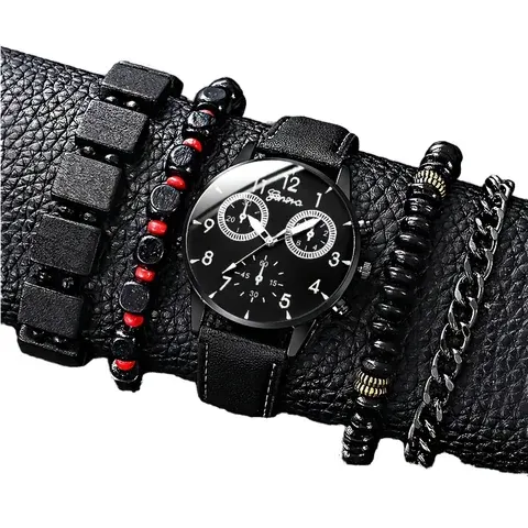 Men's Quartz Watch Set with Leather Strap