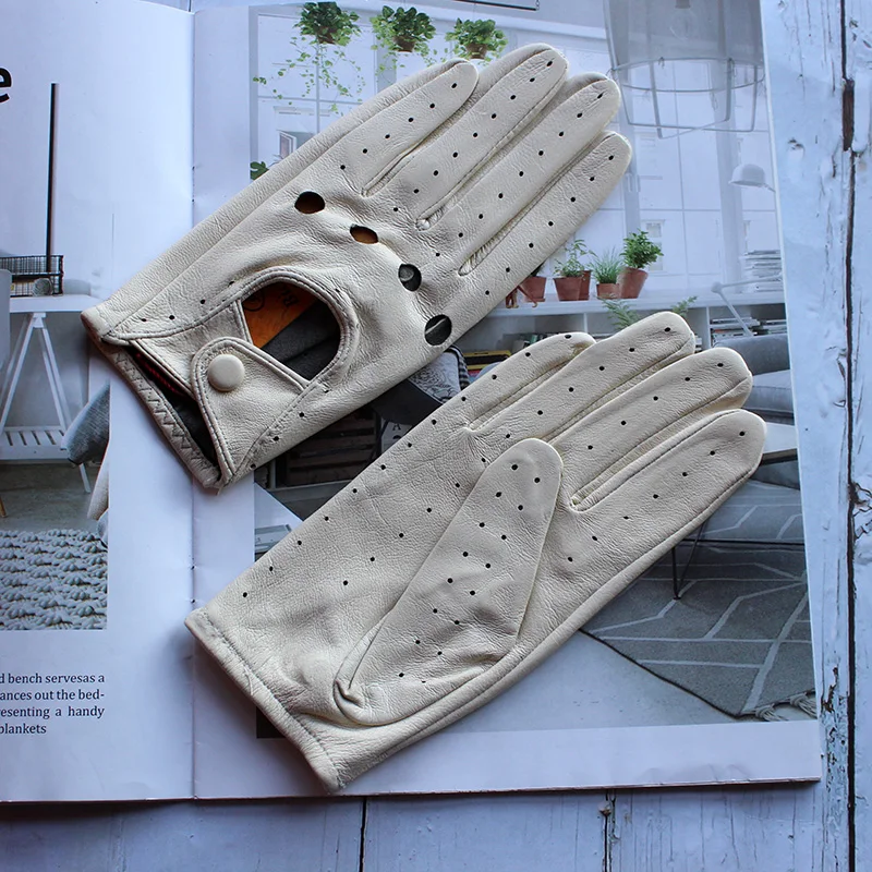 Damen Sommer Vollfinger-Lederhandschuhe Atmungsaktive Einlagige Schafsleder Modische Kurze 3