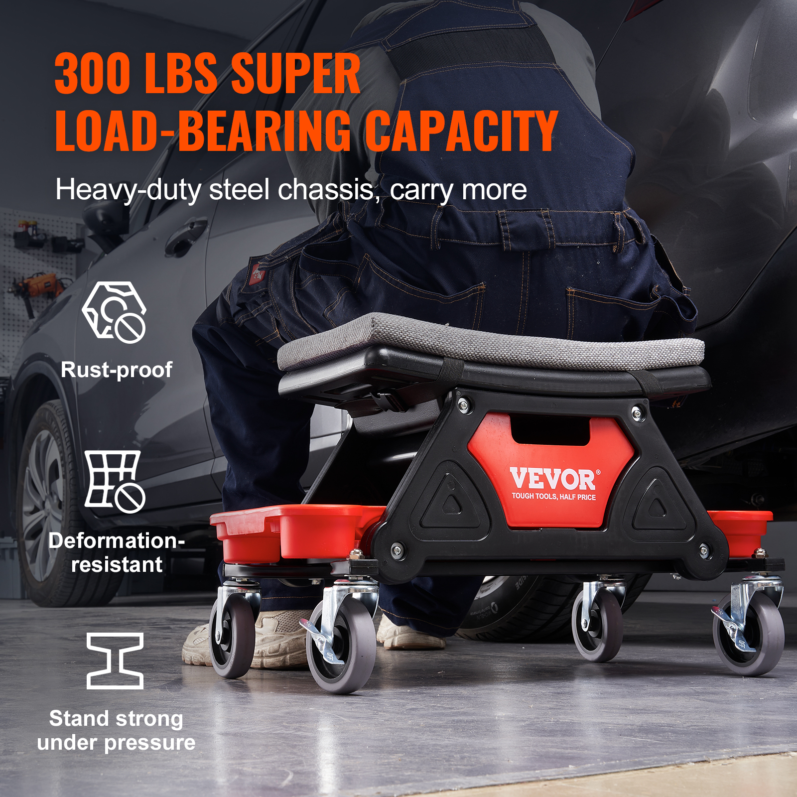 VEVOR Mechanics Stool 300 LBS Capacity Rolling Mechanic