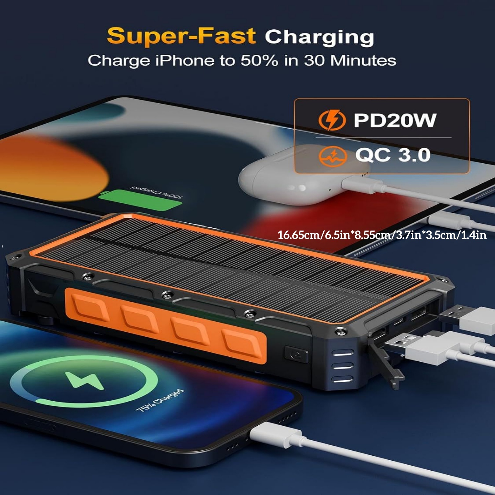 Portable Solar Power Bank 20000mAh Hand-Crank Wireless Charging 4