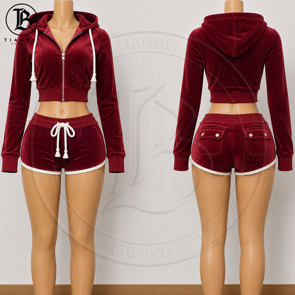 Women's Velvet Tracksuit Set with Ribbed Jacket 2