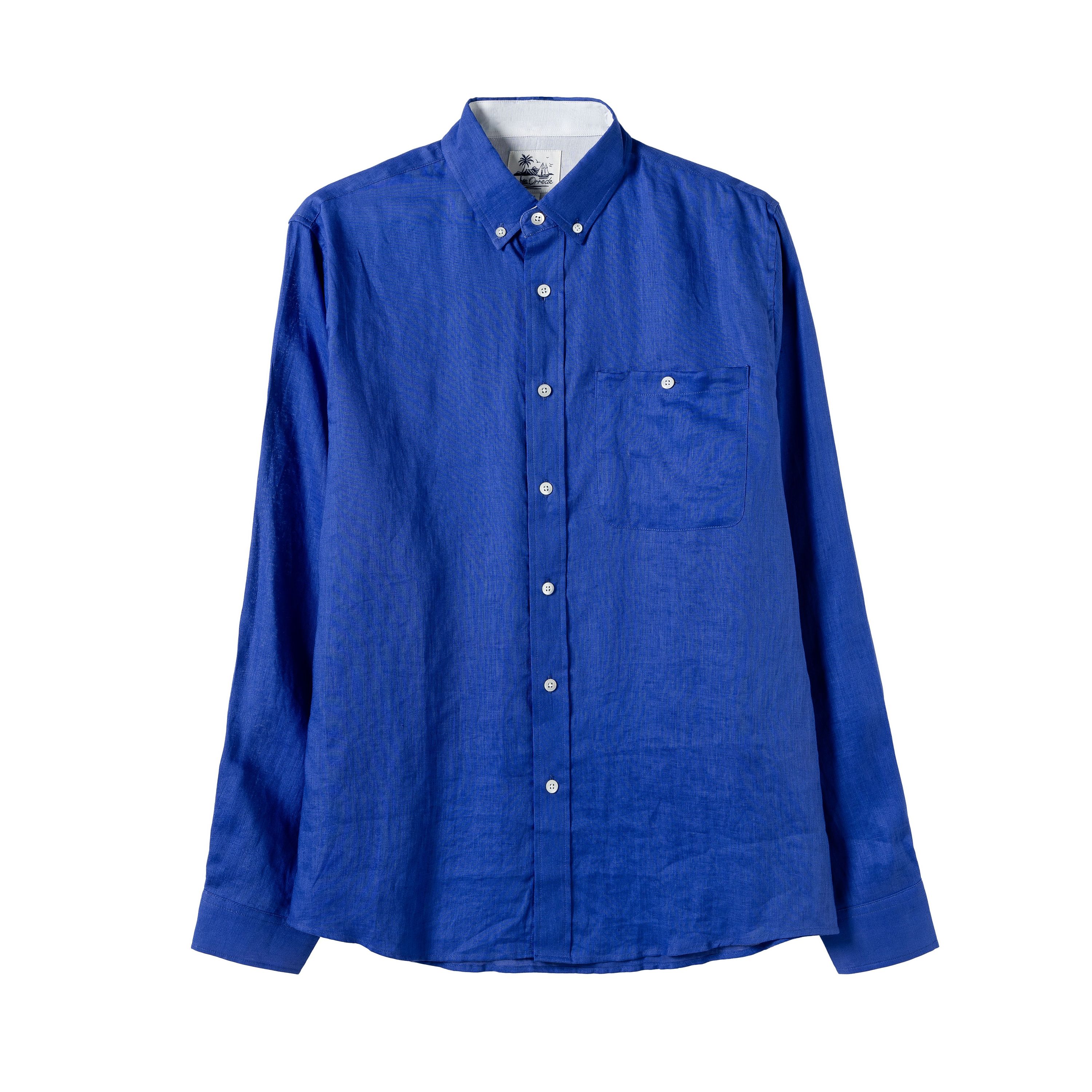 Men's Blue Linen Long Sleeve Button-Up Shirt