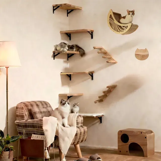 Wandmontierte Katzen-Kletterwand mit Stufen Sisalseil-Kratzbaum Sprungturm Haustiermöbel für 3