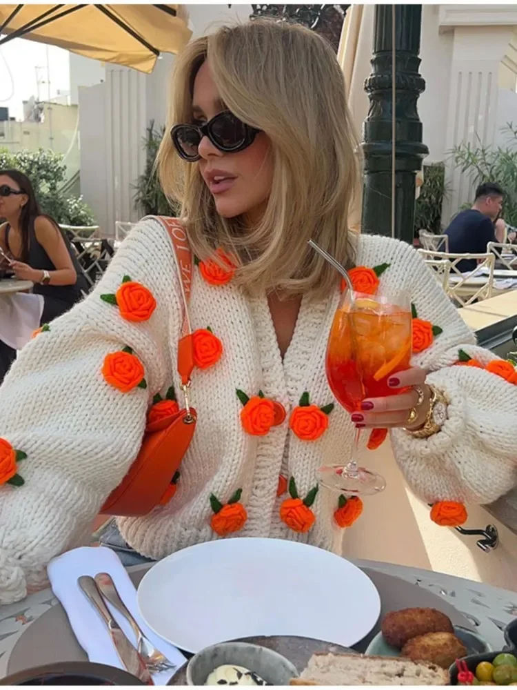 Crochet Flower Knit Cardigan Sweater 4