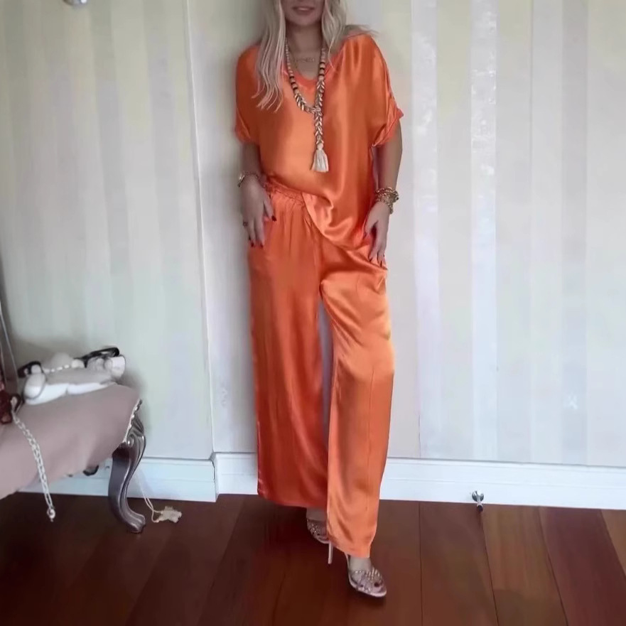 Women's V-Neck Satin Two-Piece Suit
