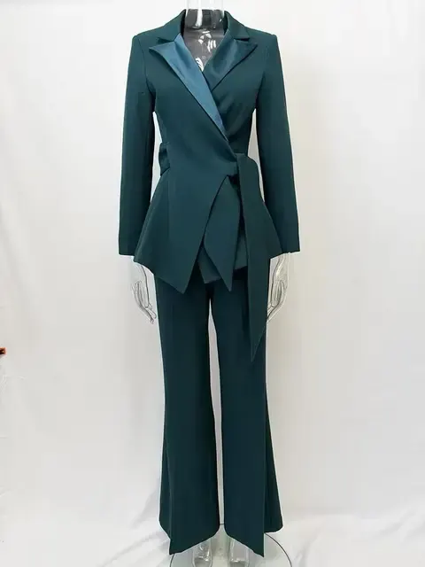 Women's Woolen Lapel Tie Waist Blazer Pantsuit Asymmetric 3