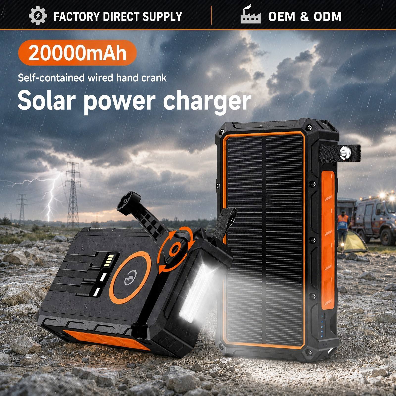 Portable Solar Power Bank 20000mAh Hand-Crank Wireless Charging