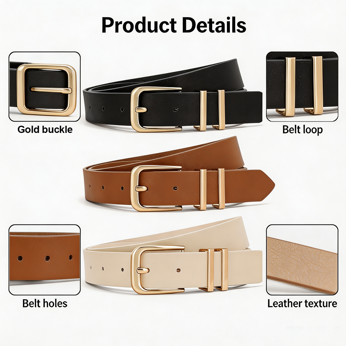 Women's Leather Belt with Gold Buckle, 3-Pack 2