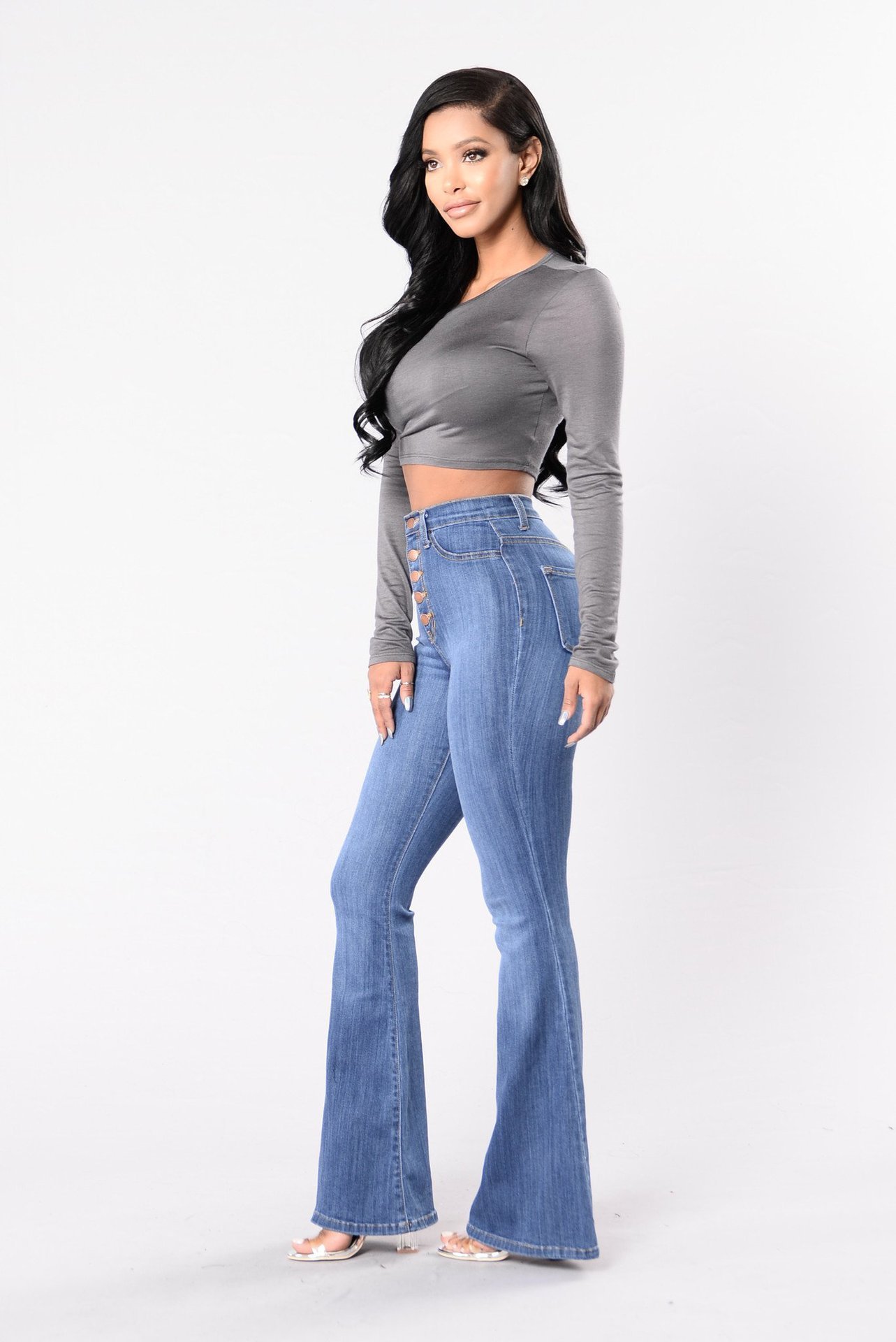 Breathable Dark Button Solid Skinny High Waist Women's 2