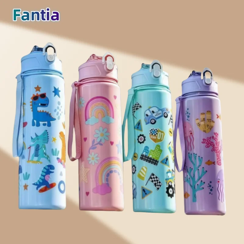 750ml Dinosaur Kids Water Bottle with Silicone Straw