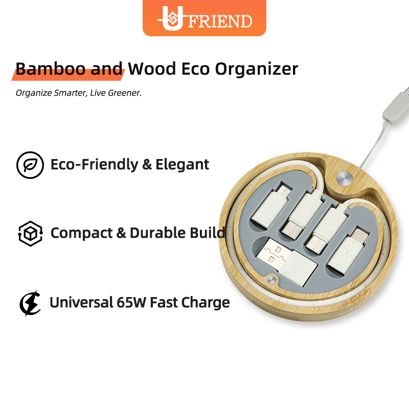 Bamboo USB Cable Organizer with Carabiner 3