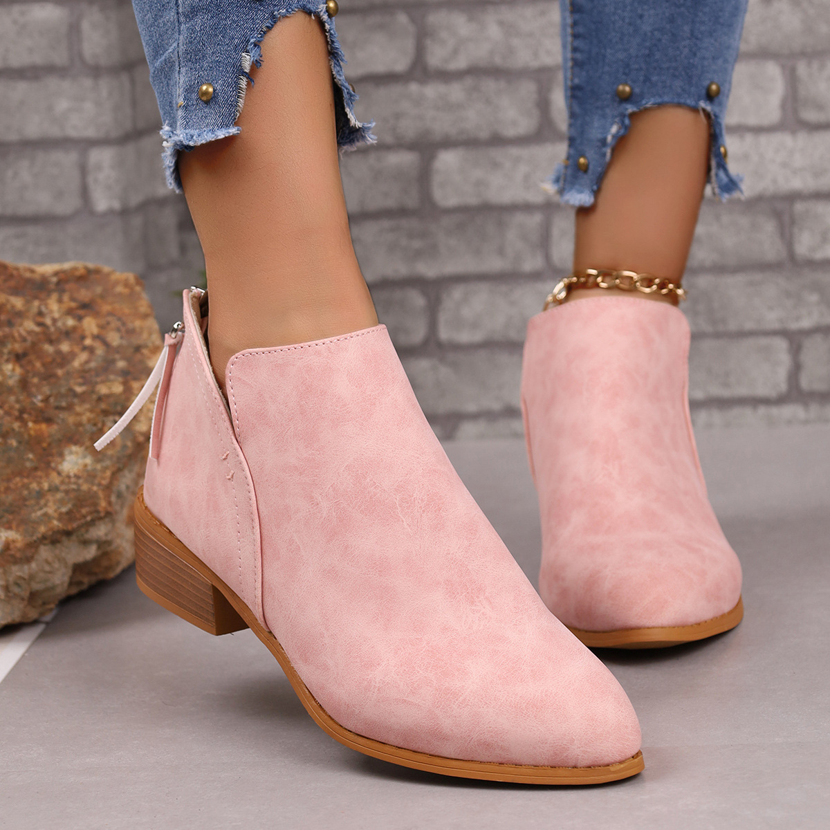 Chunky Heel Pointed Toe Ankle Boots With V-cut