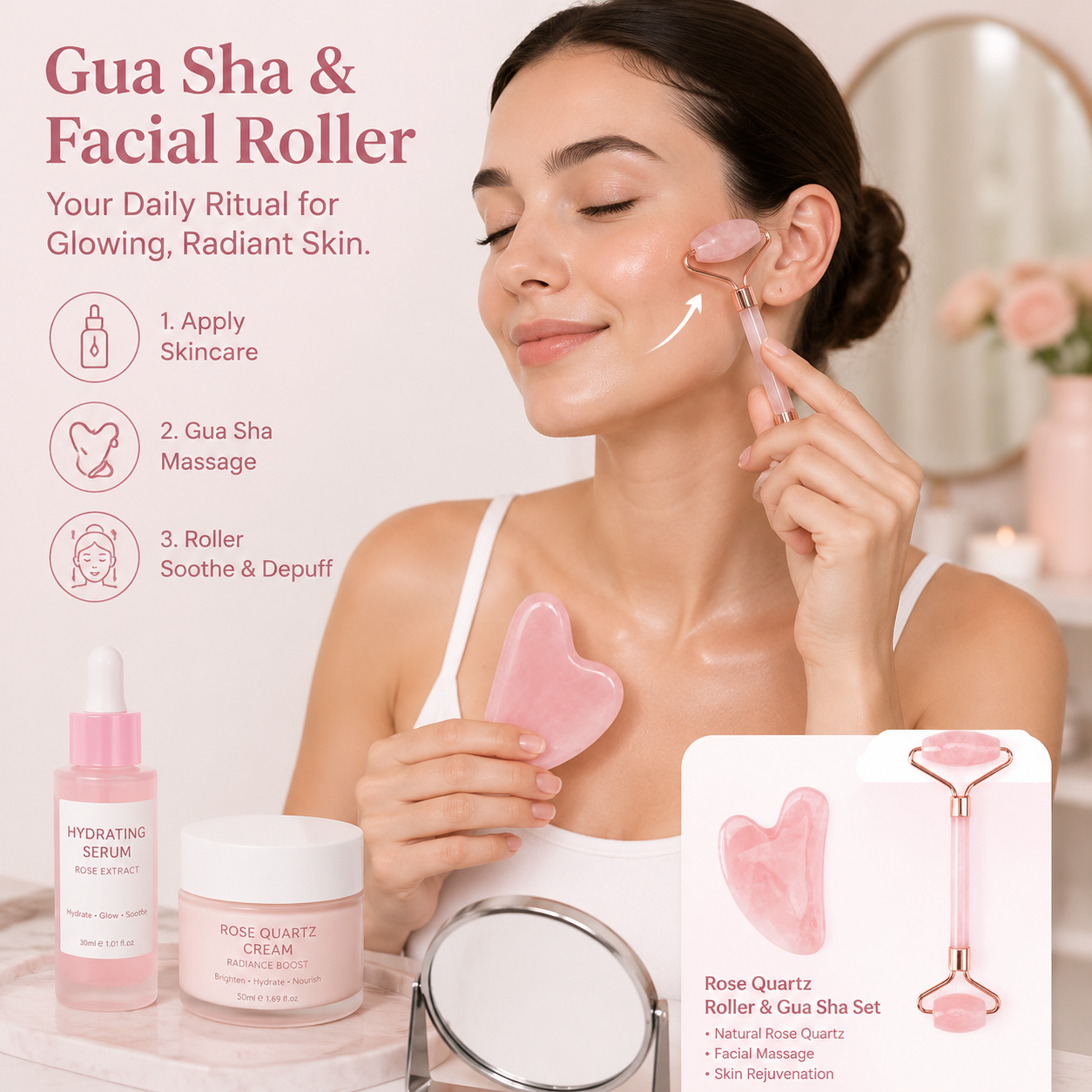 Rose Quartz Gua Sha Facial Roller Set 2