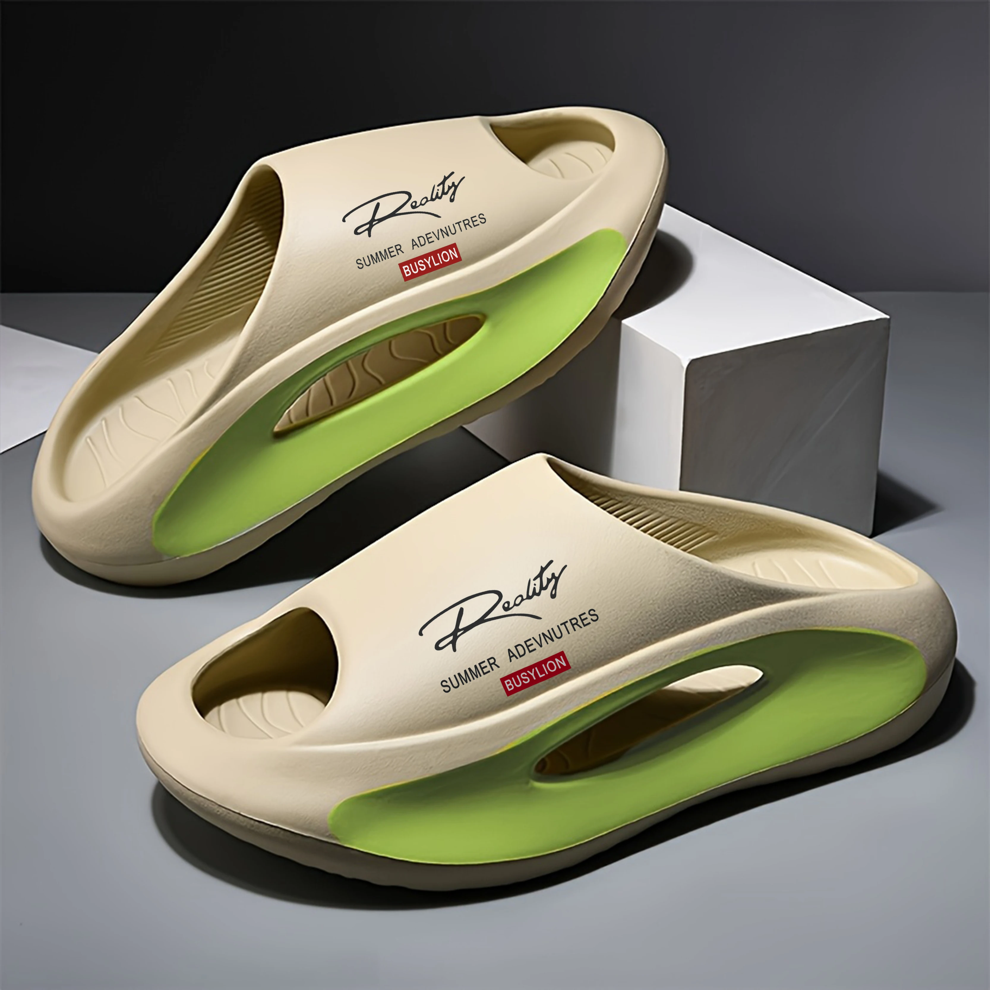 BUSYLION Damen-Sandalen mit Dicker Sohle Slip-On-Hausschuhe Buchstabenmuster Farblich 3