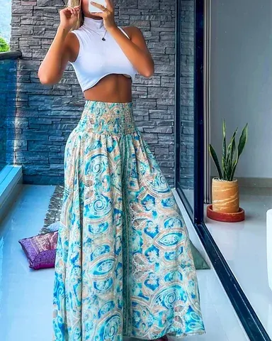 Damen-Hosen mit Hoher Taille Bedruckt Weites Bein Gerüschtes