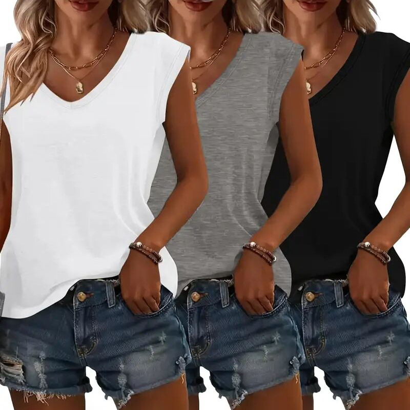 3-Pack Women's Cap Sleeve V-Neck Tank Tops Casual