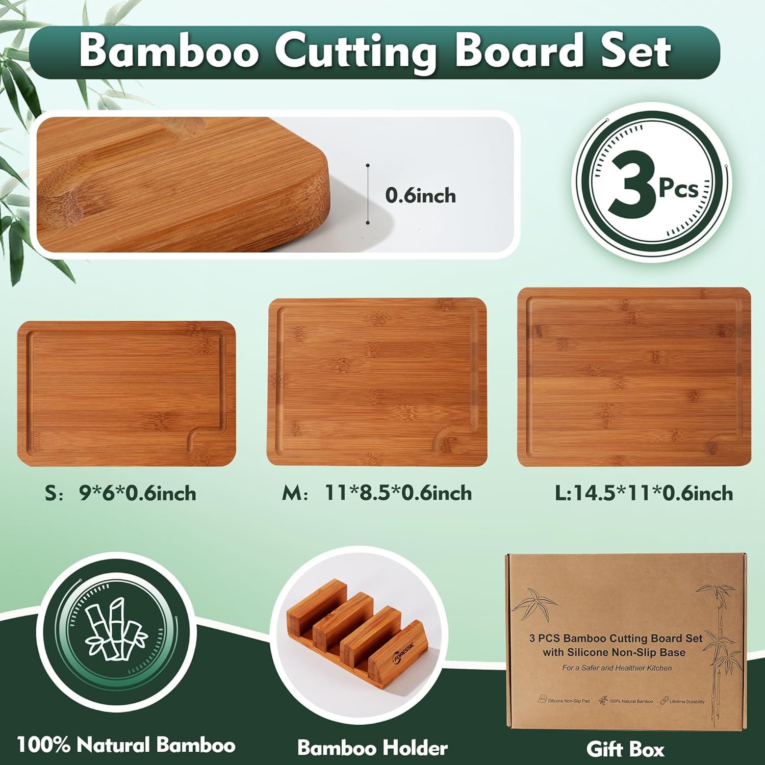 Non-Slip Carbonized Bamboo Cutting Board Set 3