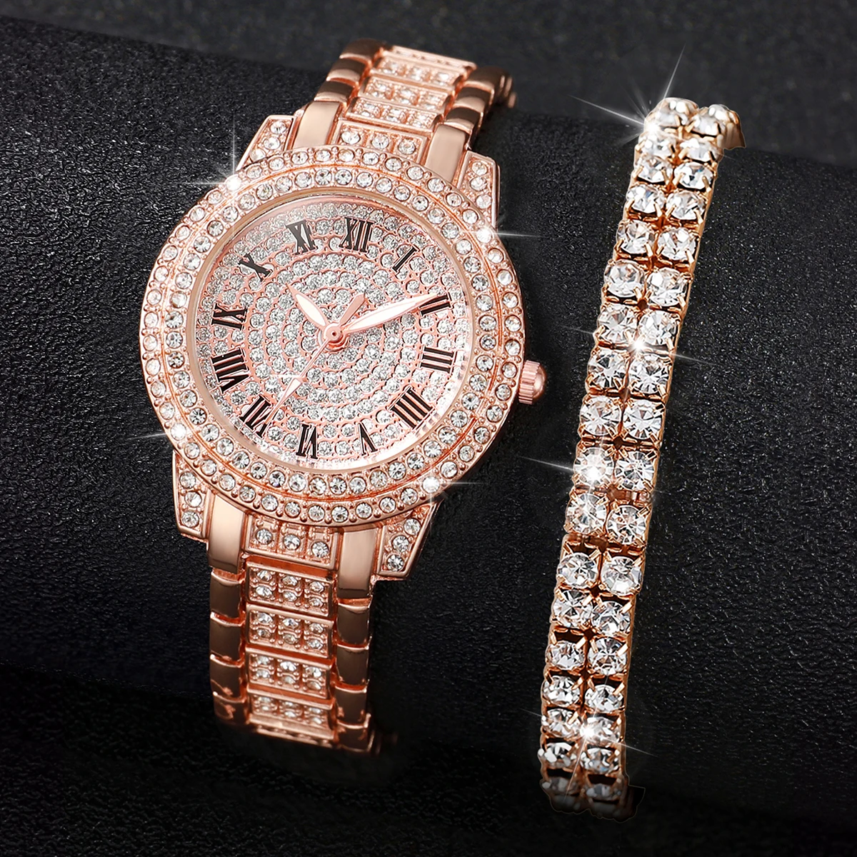 2 Stück Mode Voll Diamant Damen uhr Gold 2