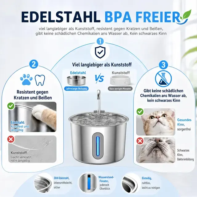 Stainless Steel Cat Water Fountain 2.2 L 3
