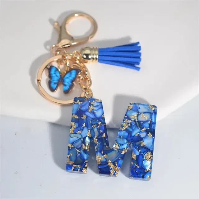 Blauer Buchstaben-Schlüsselanhänger mit Glasstein 2