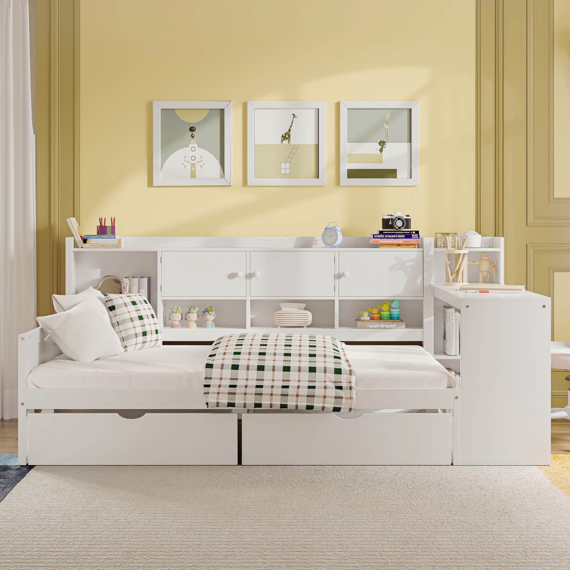 Wooden L-Shape Daybed With Seven Storage Cabinets And