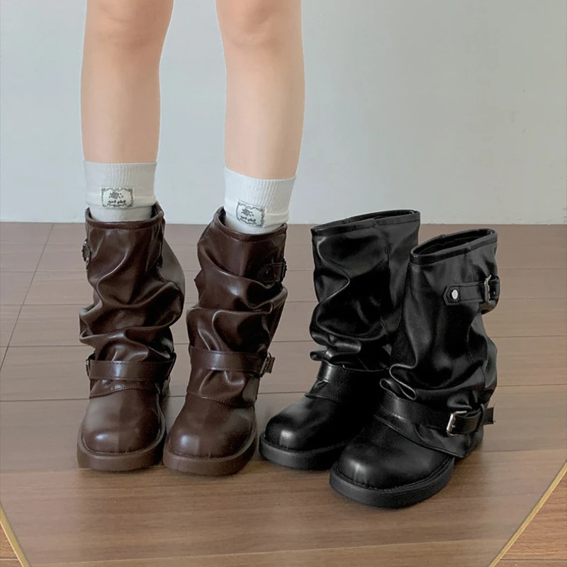 Herbstliche Damen-Cowboystiefel mit Doppelter Metallschnalle Leder-Blockabsatz Kurze Motorradstiefel