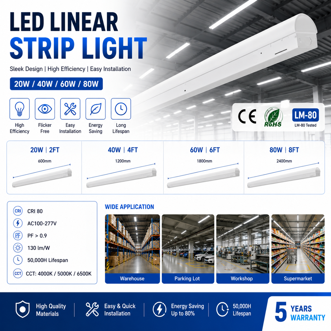 Indoor Lighting High Brightness 130lm W 2FT 4FT