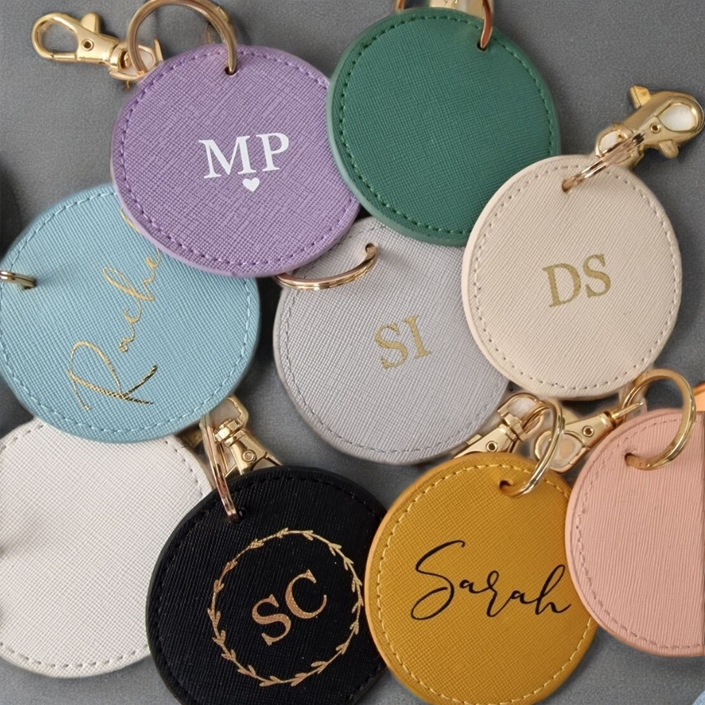 Round Faux Leather Initial Keychain Gift