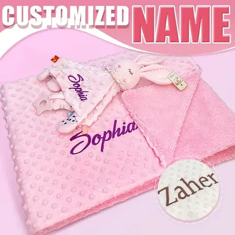 Personalisierte Bestickte Minky-Babydecke & Hasen-Kuscheltier-Set Individuelles Neugeborenen-Schmusedecke Baby-Shower-Geschenk