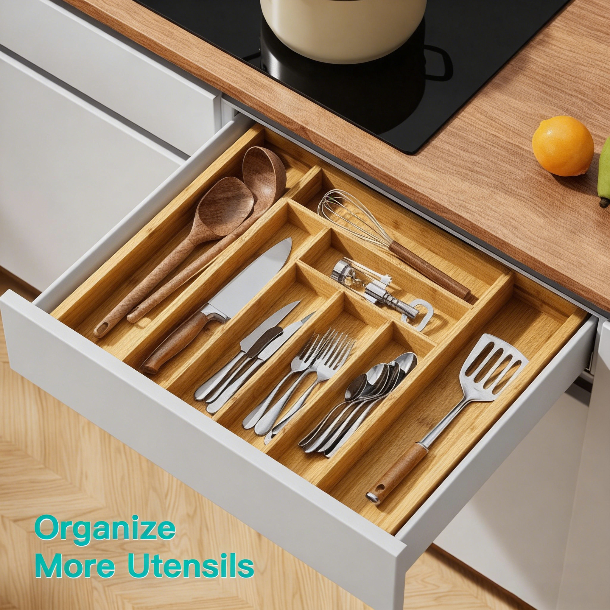 Bamboo Expendable Kitchen Drawer Organizer for Silverware Tray 2