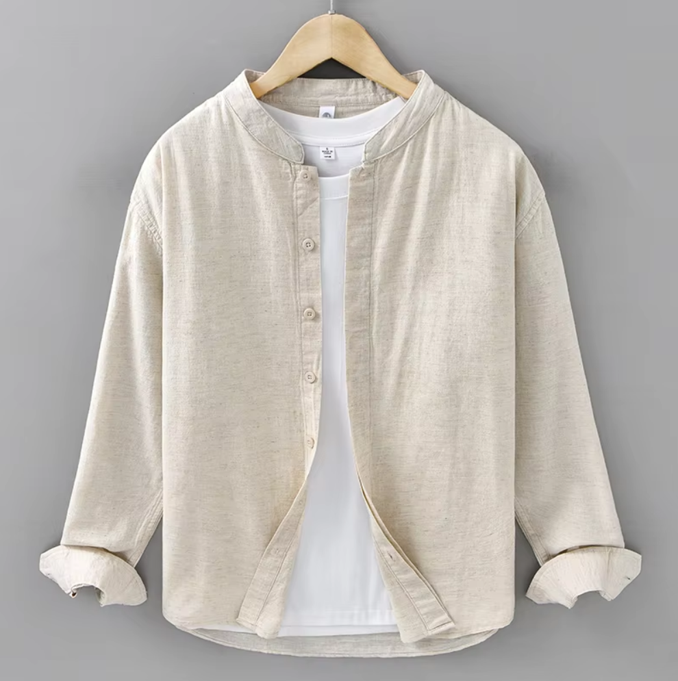 Men Linen Cotton Blend Stand Collar Button Down 3