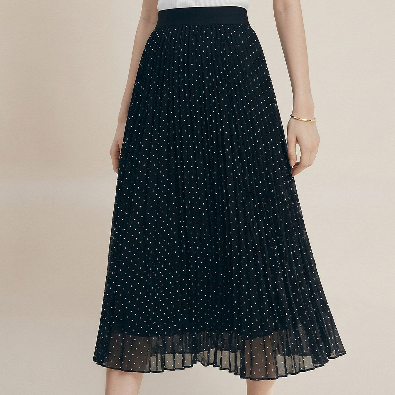 Pleated Chiffon Midi Skirt with Polka Dots