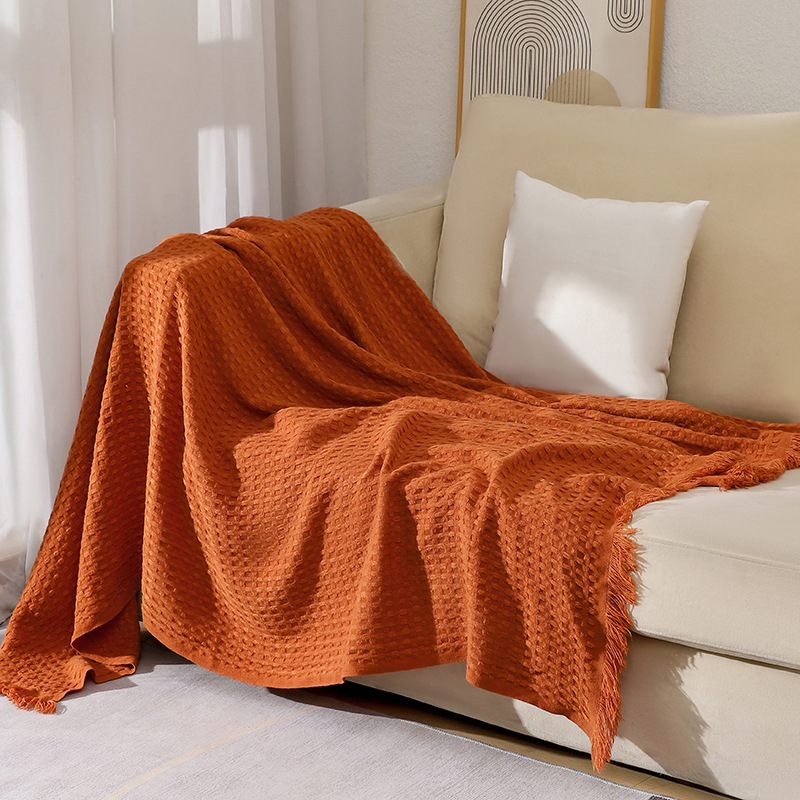 Solid Color Knit Throw Blanket Tassel Knitted Waffle 3