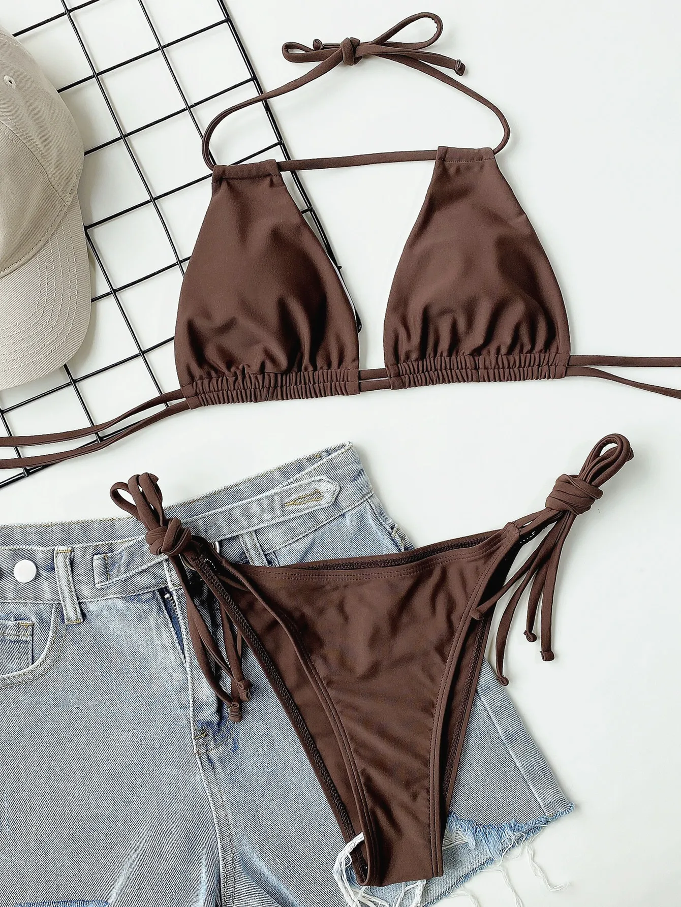 Sexy Einfarbiger Bandage-Bikini mit Neckholder und Riemchen Zweiteiliger 2