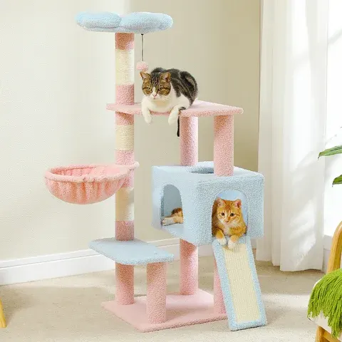 Blumenförmiger Katzenbaum mit Sisal-Kratzstämmen und Kratzrampe Gemütliches Hochhaus